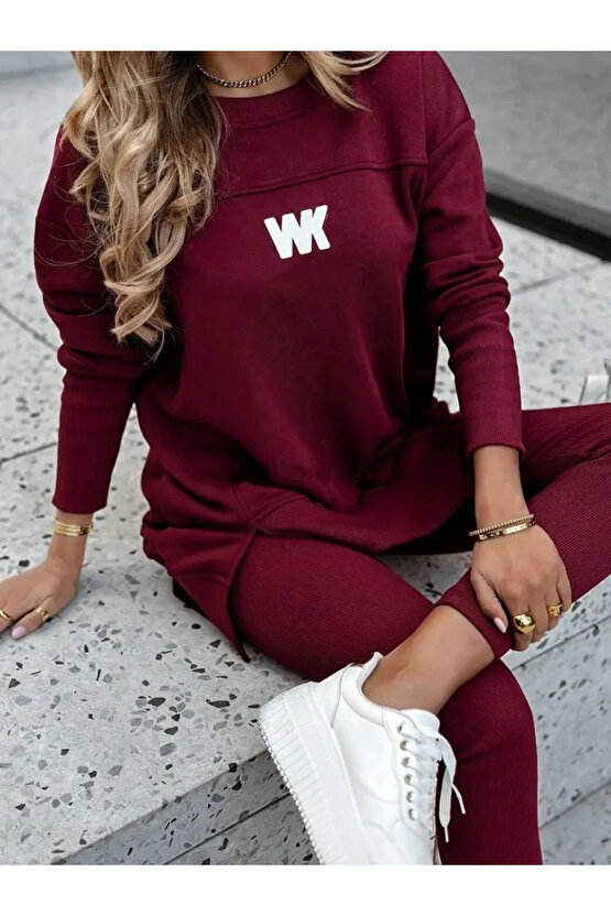 Kadın Uzun Kollu Bisiklet Yaka Nervurlu Viskon Iki Iplik Ve Tayt Pantolon Ikili Takım