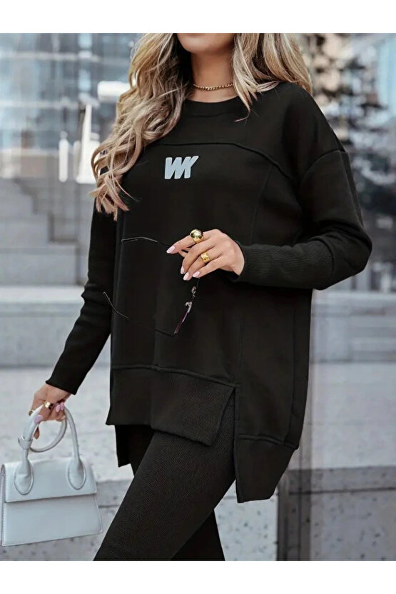 Kadın Uzun Kollu Bisiklet Yaka Nervurlu Viskon Iki Iplik Ve Tayt Pantolon Ikili Takım