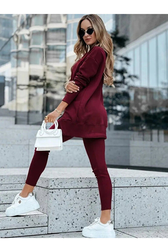 Kadın Uzun Kollu Bisiklet Yaka Nervurlu Viskon Iki Iplik Ve Tayt Pantolon Ikili Takım