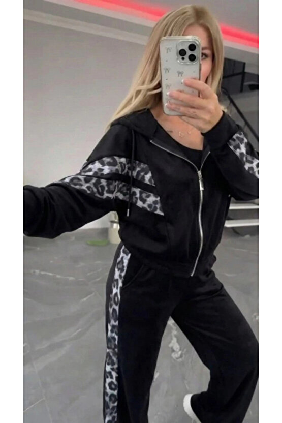 Kadın Uzun Kollu Kapşonlu önü Fermuarlı Leopar Desenli Modal Bluz Ve Pantolon Ikili Takım