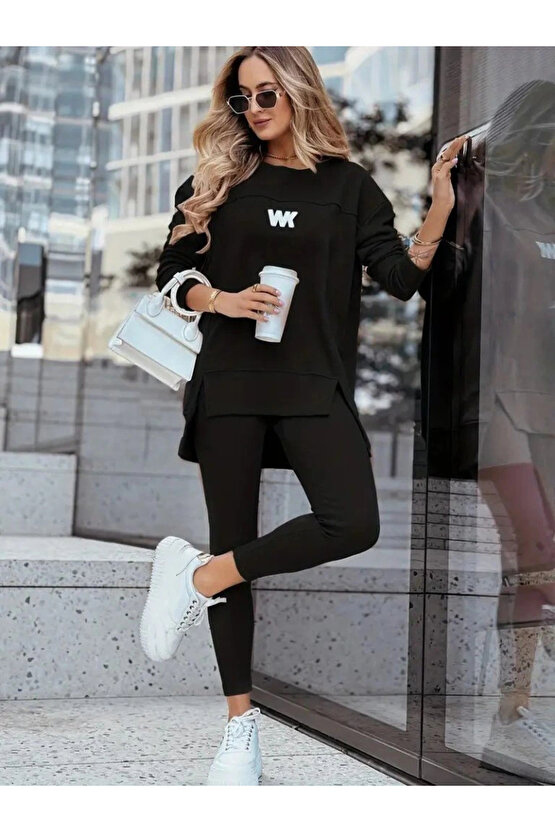 Kadın Uzun Kollu Bisiklet Yaka Nervurlu Viskon Iki Iplik Ve Tayt Pantolon Ikili Takım