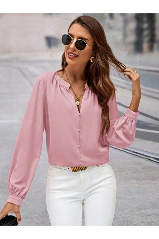 Kadın Uzun Kollu önden Düğmeli Hakim Yaka Ithal Krep Bluz
