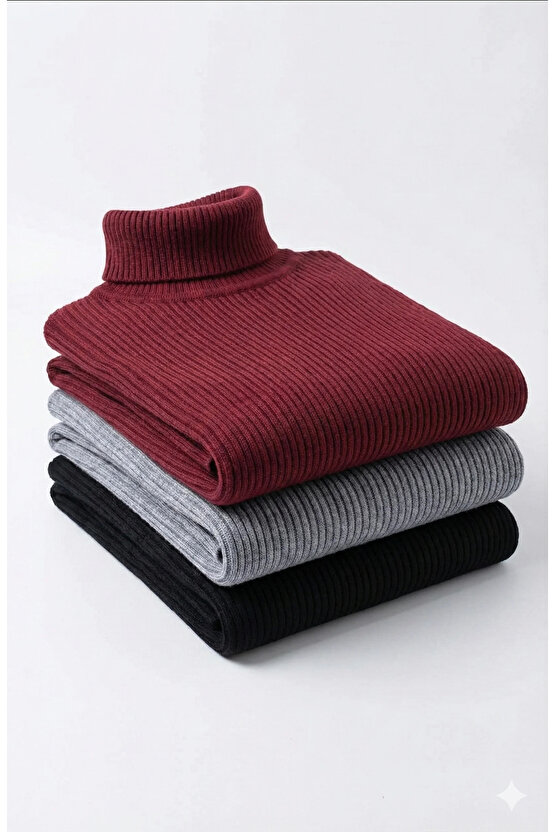 3lü Siyah, Bordo, Gri Unisex Kaşkorse Boğazlı Full Likralı Fitilli Body Kazak