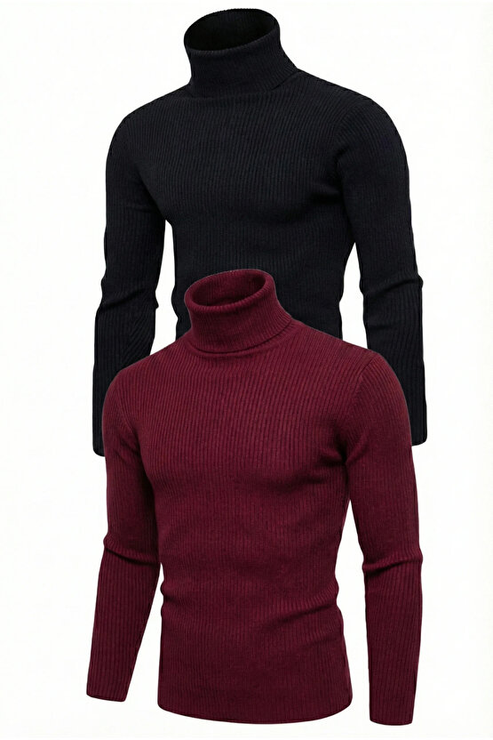 2li Siyah Bordo Unisex Kaşkorse Boğazlı Full Likralı Fitilli Body Kazak