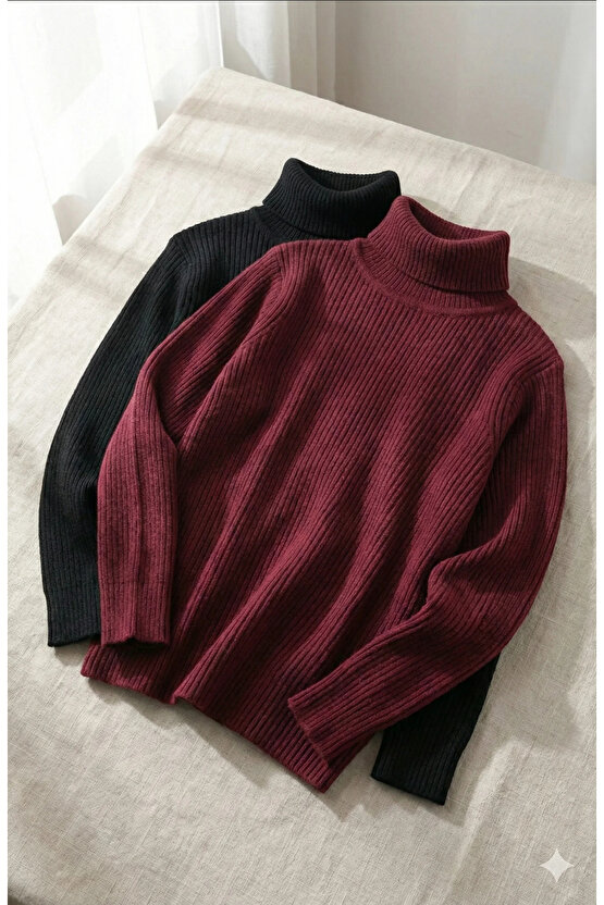 2li Siyah Bordo Unisex Kaşkorse Boğazlı Full Likralı Fitilli Body Kazak