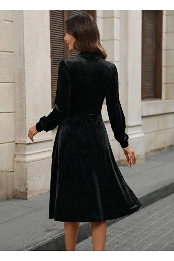 Kadın Uzun Kollu Yakadan Fiyonklu Cepli Midi Kadife Elbise