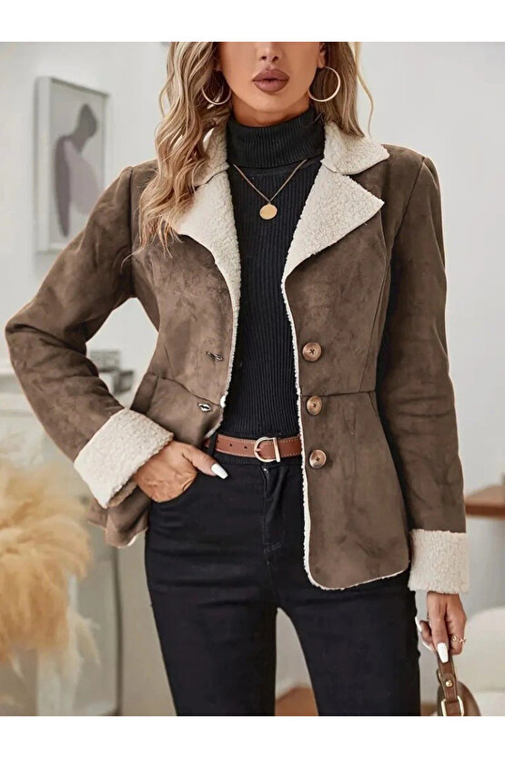 Kadın Uzun Kollu önden Düğmeli Cep Detaylı Kısa Süet Ceket