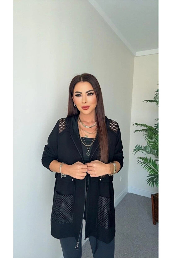 Kadın Uzun Kollu önü Fermuarlı File Detaylı Belden Bağcıklı Kısa Modal Ceket