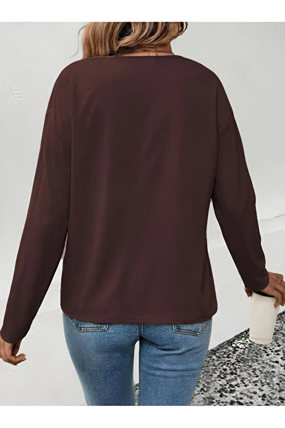 Kadın Uzun Kollu V Yakalı Leopar Detaylı Viskon Iki Iplik Bluz