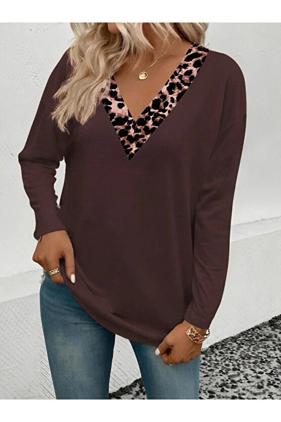 Kadın Uzun Kollu V Yakalı Leopar Detaylı Viskon Iki Iplik Bluz