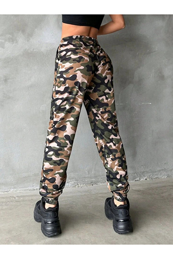 Kadın Yüksek Bel Kamuflaj Baskılı Bileği Lastik Detay İki İplik Pantolon