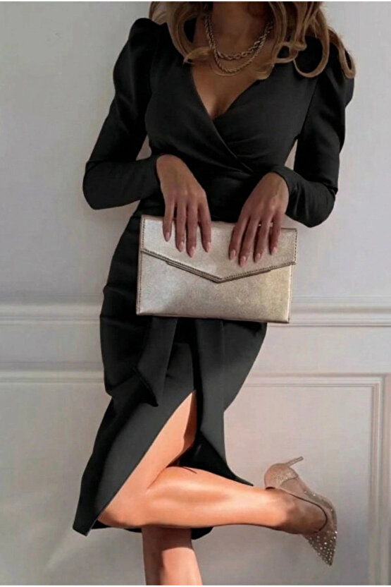 Kadın Uzun Kollu Kruvaze Yakalı Yandan Yırtmaçlı Belden Kuşaklı Midi Ithal Krep Elbise