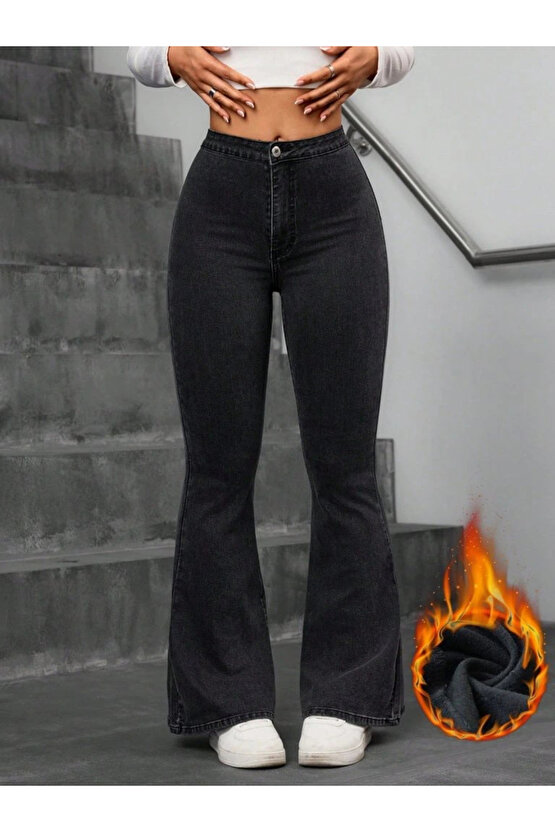 Kadın Yüksek Bel Tek Düğmeli Paçaya Doğru Genişleyen Kot Pantolon