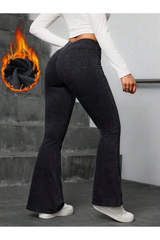 Kadın Yüksek Bel Tek Düğmeli Paçaya Doğru Genişleyen Kot Pantolon