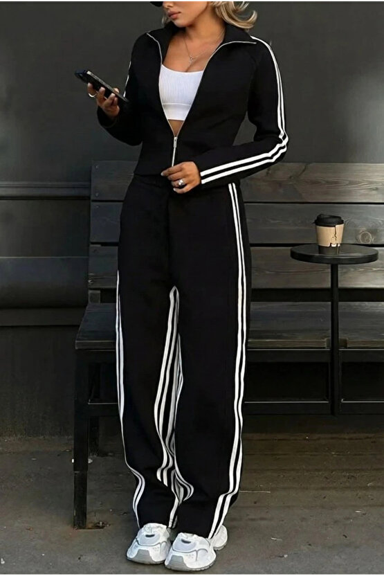 Kadın Uzun Kollu önden Fermuarlı Kısa Viskon Iki Iplik Bluz Ve Pantolon Ikili Takım