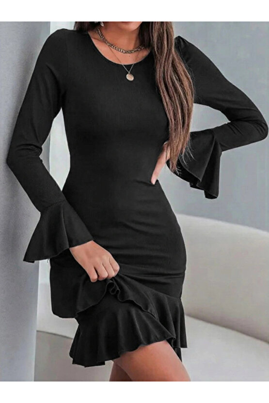 Kadın Uzun Kollu Yuvarlak Yaka Fırfırlı Kol Ucu Volanlı Janjan Krep Mini Elbise