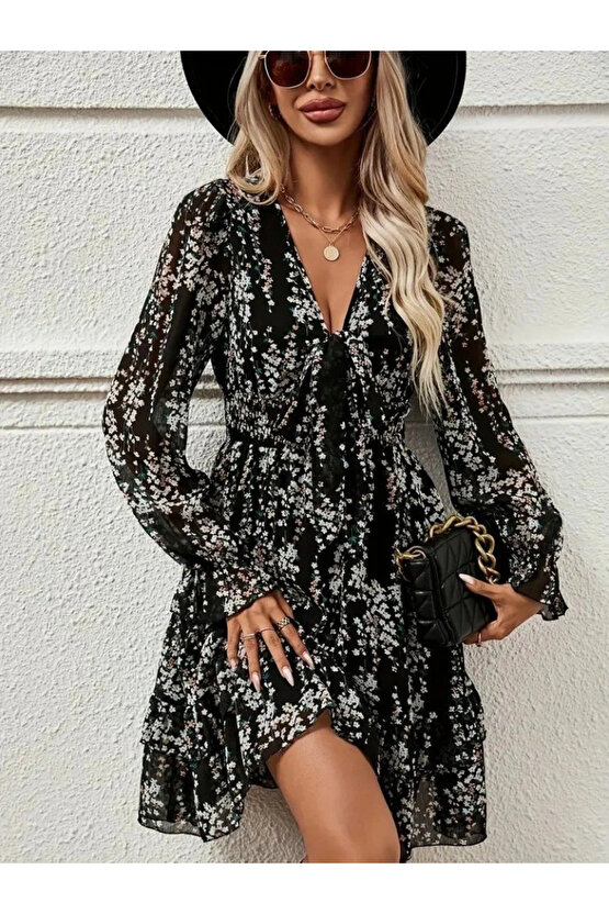 Kadın Uzun Kollu V Yakalı Fırfırlı Ve Bağcıklı şifon Mini Elbise