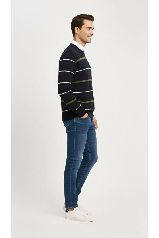 Erkek Bisiklet Yaka Cizgili Triko Kazak yumuşak dokulu Pamuklu ince Dokuma, uzun kollu Rahat Regular