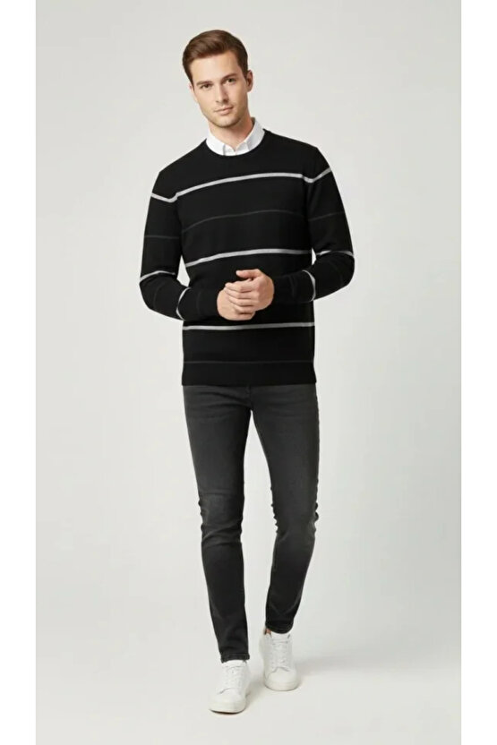 Erkek Bisiklet Yaka Cizgili Triko Kazak Yumuşak Dokulu Pamuklu Ince Dokuma, Uzun Kollu Rahat Regular