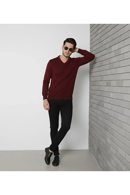 Erkek V Yaka Triko Kazak yumuşak dokulu Pamuklu ince Dokuma, uzun kollu Rahat Regular kalıp - Bordo