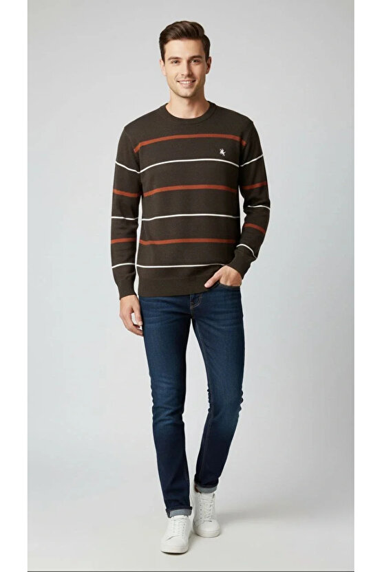 Erkek Bisiklet Yaka Cizgili Triko Kazak yumuşak dokulu Pamuklu ince Dokuma, uzun kollu Rahat Regular