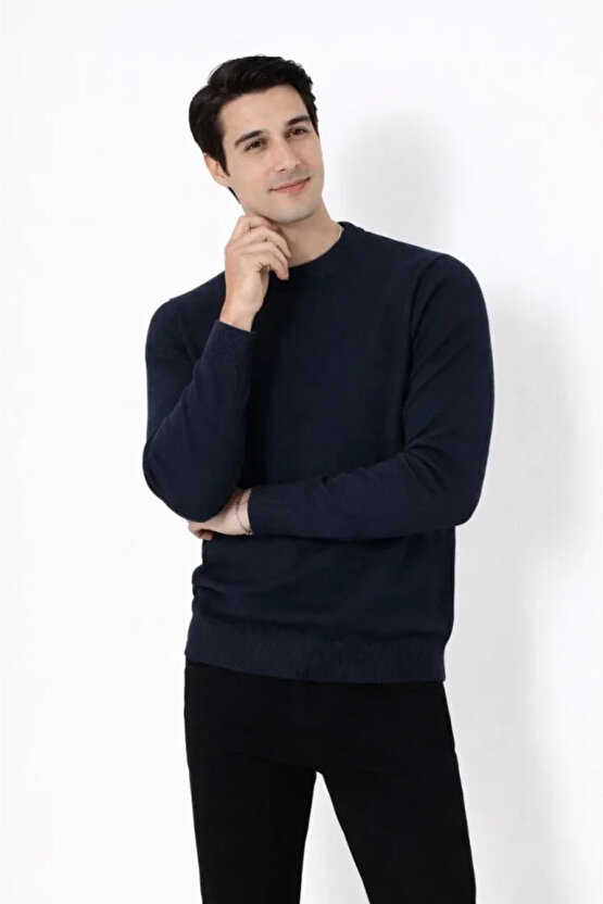 Erkek Bisiklet Yaka Triko Kazak Yumuşak Dokulu Pamuklu Ince Dokuma, Uzun Kollu Rahat Regular Kalıp -