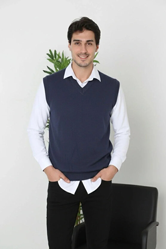 Erkek V Yaka Kolsuz Süveter Triko Kazak yumuşak dokulu Pamuklu ince Dokuma Rahat Regular kalıp - Lac