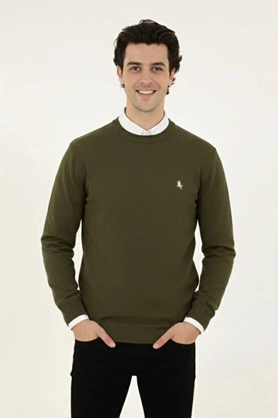 Erkek Bisiklet Yaka Nakış Işlemeli Triko Kazak Yumuşak Dokulu Pamuklu Ince Dokuma, Uzun Kollu Rahat