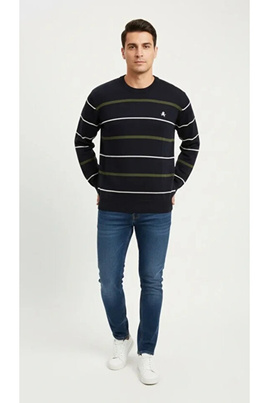 Erkek Bisiklet Yaka Cizgili Triko Kazak Yumuşak Dokulu Pamuklu Ince Dokuma, Uzun Kollu Rahat Regular