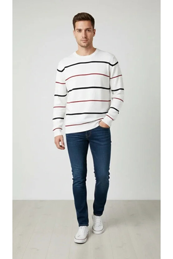 Erkek Bisiklet Yaka Cizgili Triko Kazak Yumuşak Dokulu Pamuklu Ince Dokuma, Uzun Kollu Rahat Regular