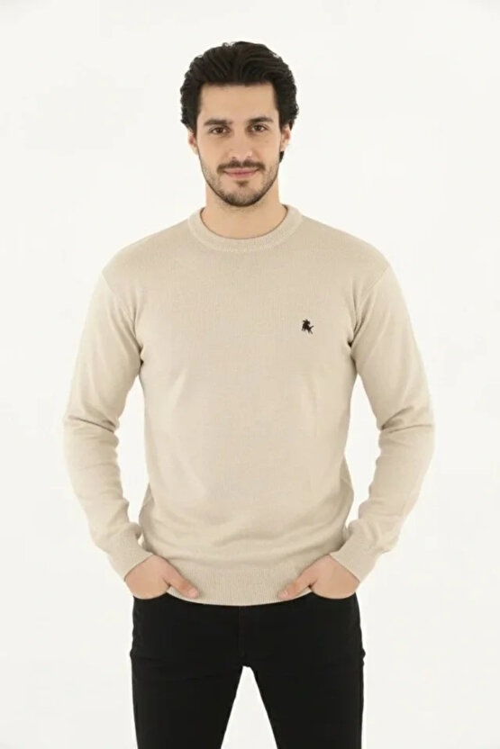 Erkek Bisiklet Yaka Nakış Işlemeli Triko Kazak Yumuşak Dokulu Pamuklu Ince Dokuma, Uzun Kollu Rahat