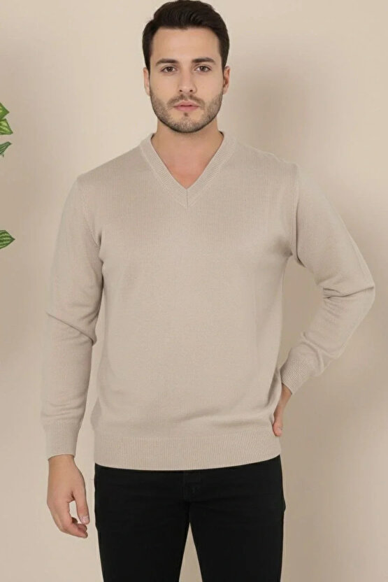 Erkek V Yaka Triko Kazak yumuşak dokulu Pamuklu ince Dokuma, uzun kollu Rahat Regular kalıp - Bej