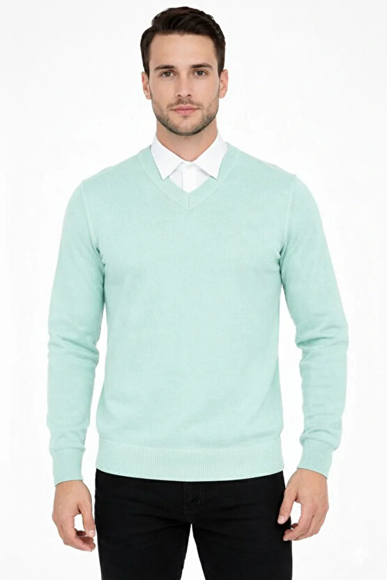 Erkek V Yaka Triko Kazak yumuşak dokulu Pamuklu ince Dokuma, uzun kollu Rahat Regular kalıp - Mint Y