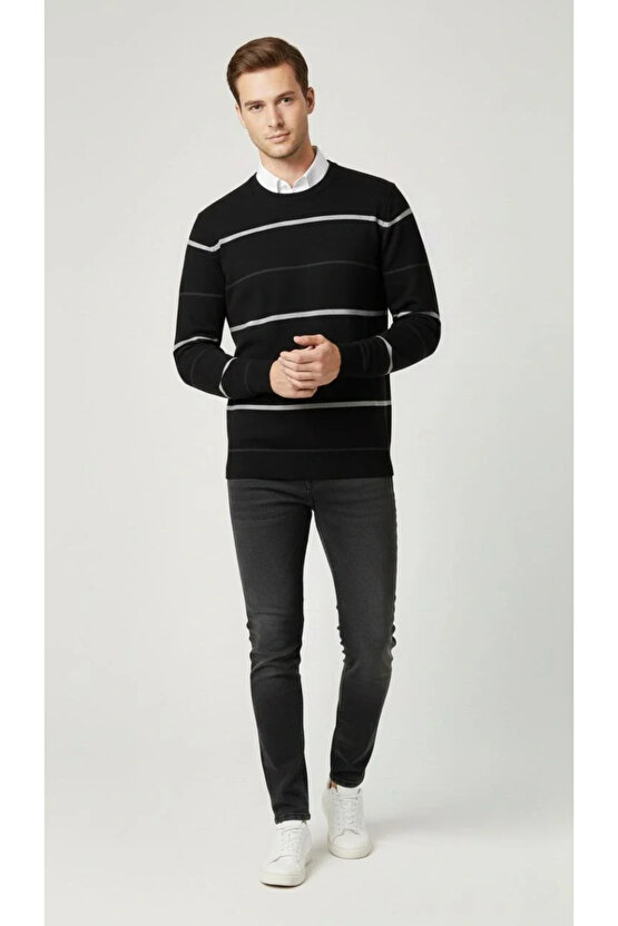 Erkek Bisiklet Yaka Cizgili Triko Kazak yumuşak dokulu Pamuklu ince Dokuma, uzun kollu Rahat Regular