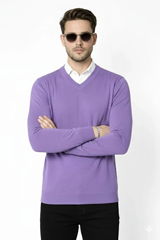 Erkek V Yaka Triko Kazak yumuşak dokulu Pamuklu ince Dokuma, uzun kollu Rahat Regular kalıp - Mor