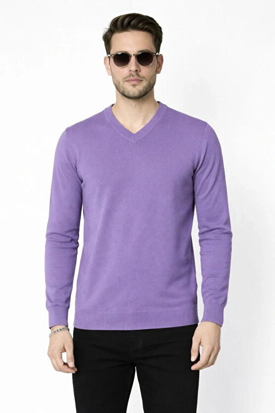 Erkek V Yaka Triko Kazak yumuşak dokulu Pamuklu ince Dokuma, uzun kollu Rahat Regular kalıp - Mor