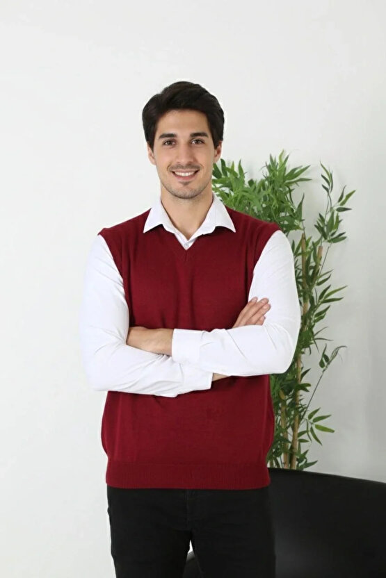 Erkek V Yaka Kolsuz Süveter Triko Kazak yumuşak dokulu Pamuklu ince Dokuma Rahat Regular kalıp - Bor