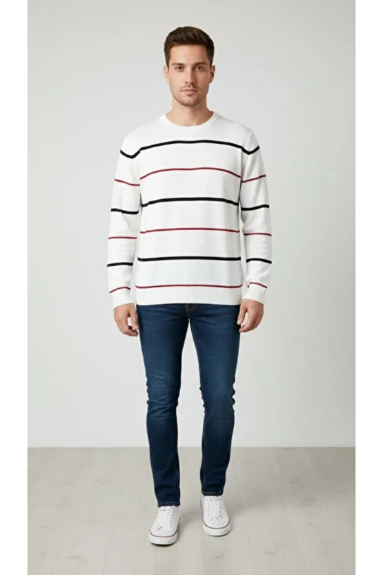 Erkek Bisiklet Yaka Cizgili Triko Kazak Yumuşak Dokulu Pamuklu Ince Dokuma, Uzun Kollu Rahat Regular