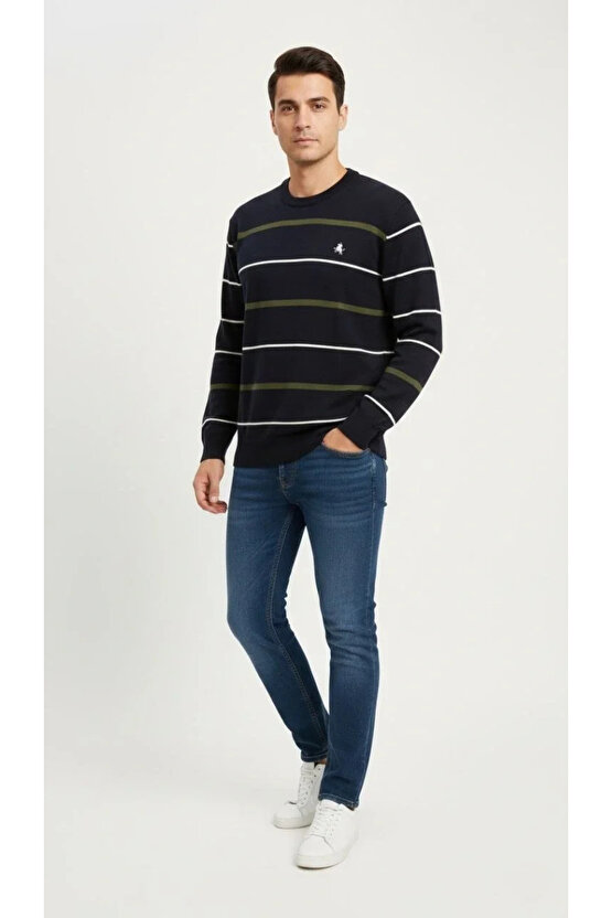 Erkek Bisiklet Yaka Cizgili Triko Kazak yumuşak dokulu Pamuklu ince Dokuma, uzun kollu Rahat Regular