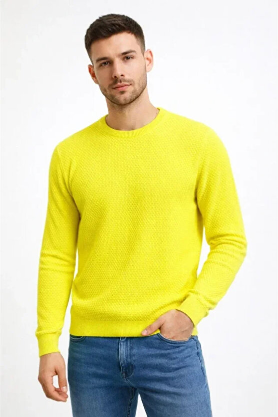 Erkek Bisiklet Yaka Petekli Dokulu Triko Kazak Pamuklu Ince Dokuma, Uzun Kollu Rahat Regular Kalıp -