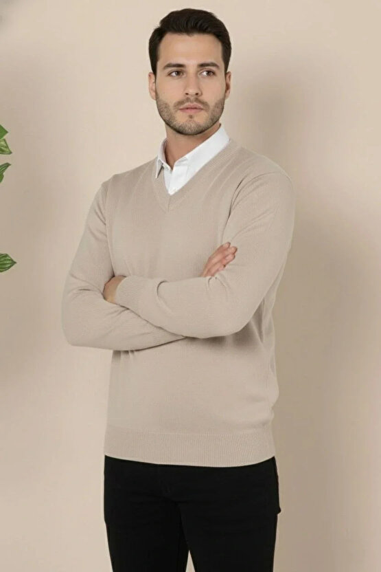 Erkek V Yaka Triko Kazak yumuşak dokulu Pamuklu ince Dokuma, uzun kollu Rahat Regular kalıp - Bej