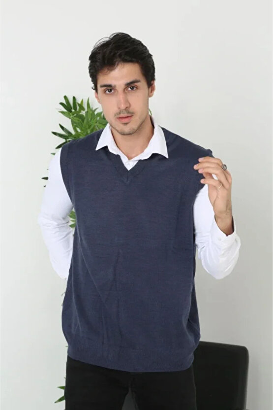 Erkek V Yaka Kolsuz Süveter Triko Kazak Yumuşak Dokulu Pamuklu Ince Dokuma Rahat Regular Kalıp - Lac