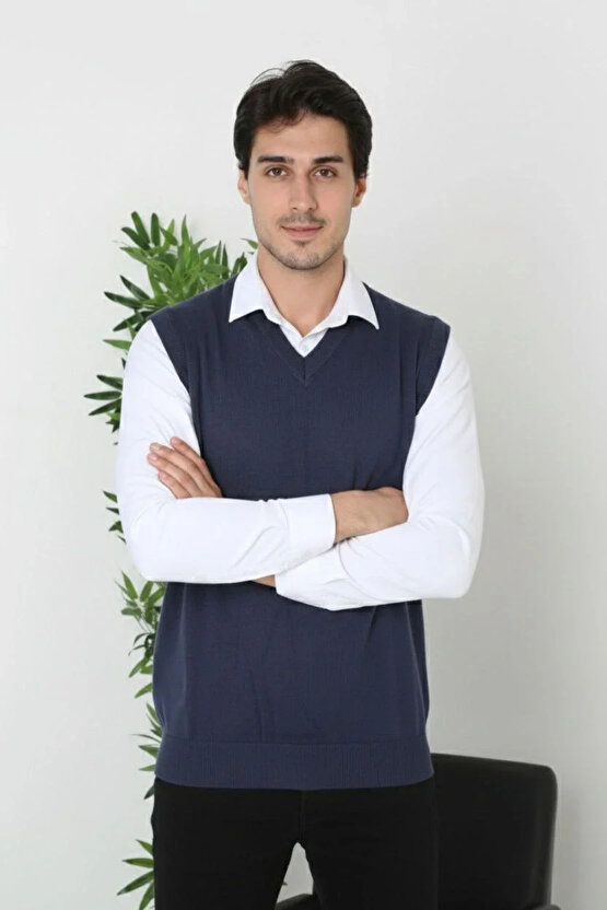 Erkek V Yaka Kolsuz Süveter Triko Kazak yumuşak dokulu Pamuklu ince Dokuma Rahat Regular kalıp - Lac