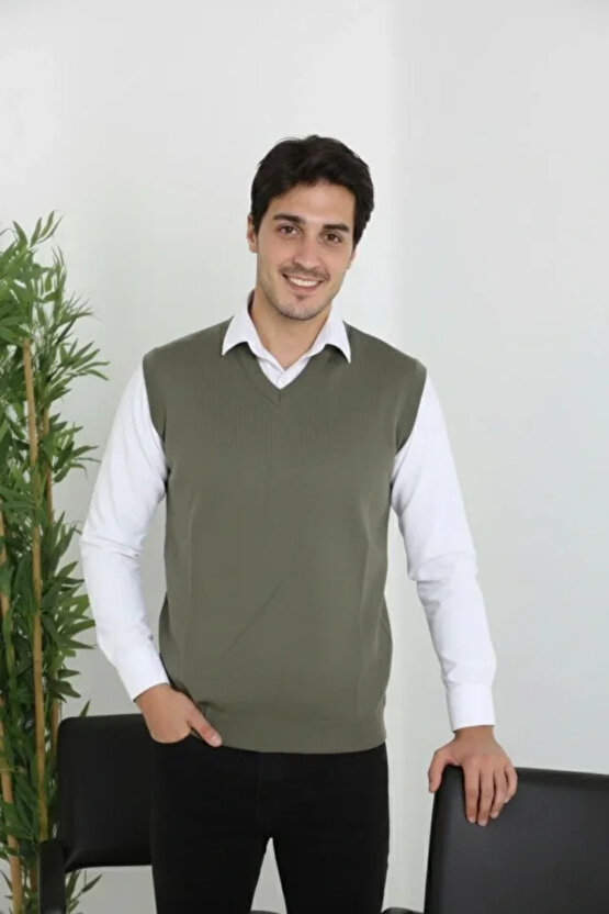 Erkek V Yaka Kolsuz Süveter Triko Kazak Yumuşak Dokulu Pamuklu Ince Dokuma Rahat Regular Kalıp - Hak