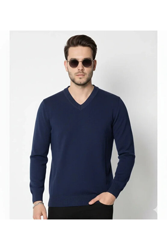 Erkek V Yaka Triko Kazak Yumuşak Dokulu Pamuklu Ince Dokuma, Uzun Kollu Rahat Regular Kalıp - Lacive