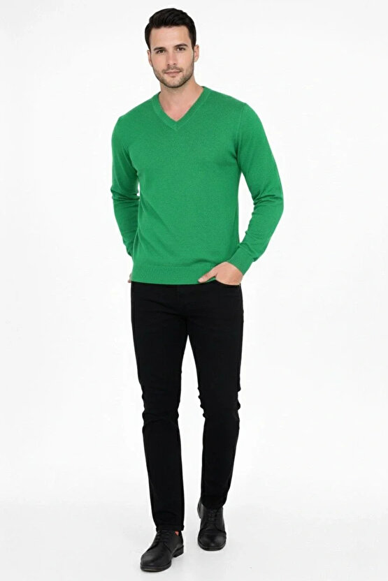 Erkek V Yaka Triko Kazak yumuşak dokulu Pamuklu ince Dokuma, uzun kollu Rahat Regular kalıp - Çimen