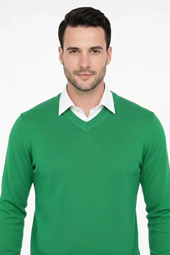 Erkek V Yaka Triko Kazak Yumuşak Dokulu Pamuklu Ince Dokuma, Uzun Kollu Rahat Regular Kalıp - Çimen