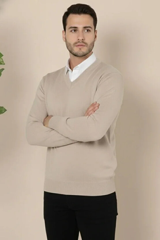 Erkek V Yaka Triko Kazak Yumuşak Dokulu Pamuklu Ince Dokuma, Uzun Kollu Rahat Regular Kalıp - Bej