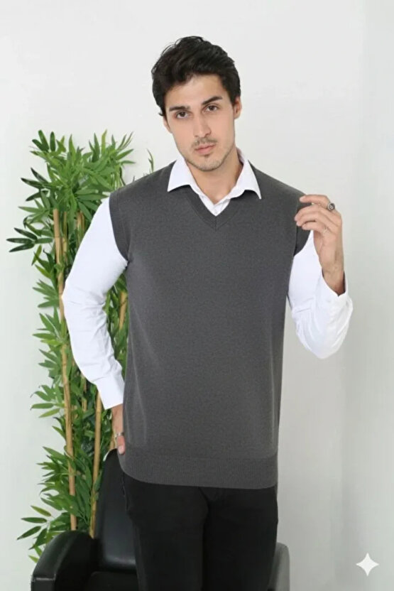 Erkek V Yaka Kolsuz Süveter Triko Kazak Yumuşak Dokulu Pamuklu Ince Dokuma Rahat Regular Kalıp - Füm