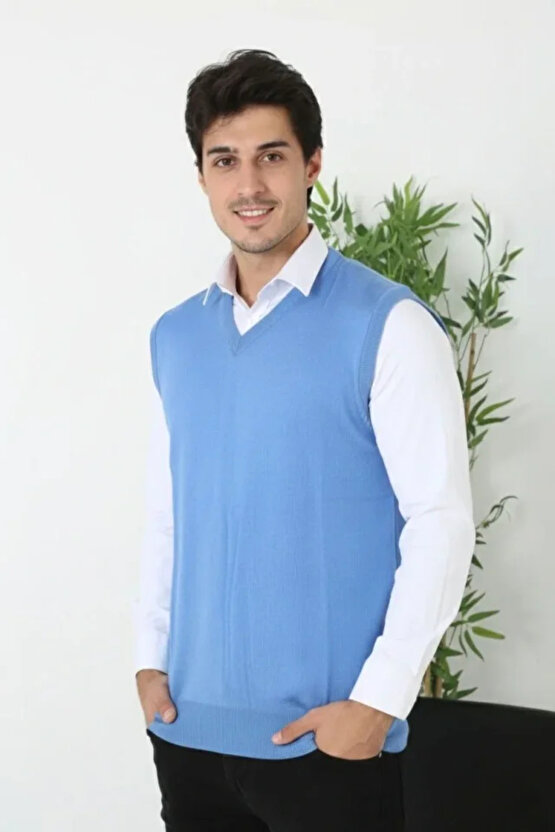 Erkek V Yaka Kolsuz Süveter Triko Kazak Yumuşak Dokulu Pamuklu Ince Dokuma Rahat Regular Kalıp - Mav